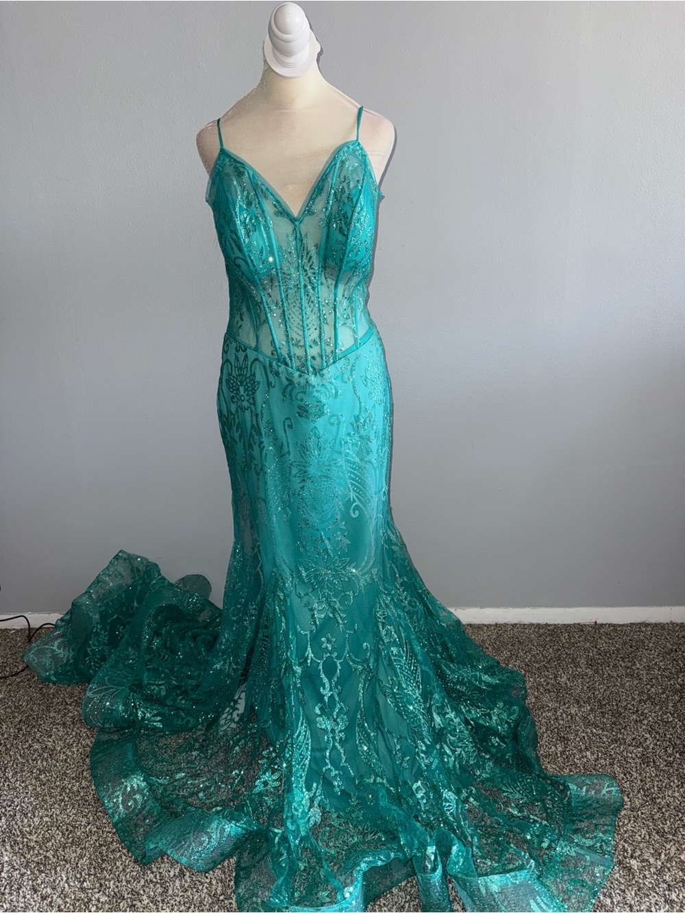 Jovani Teal Lace Beaded Mermaid Gown